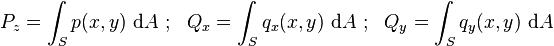  P_z = \int_S p(x,y)~ \mathrm{d}A ~;~~ Q_x = \int_S q_x(x,y)~ \mathrm{d}A ~;~~ Q_y = \int_S q_y(x,y)~ \mathrm{d}A 