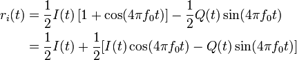 \begin{align} r_i(t) &= \frac{1}{2} I(t) \left - \frac{1}{2} Q(t) \sin (4 \pi f_0 t) \\ &= \frac{1}{2} I(t) + \frac{1}{2}
\end{align}