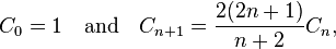 C_0 = 1 /quad /mbox{and} /quad C_{n+1}=/frac{2(2n+1)}{n+2}C_n,