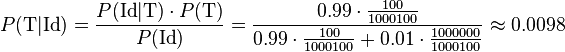 P(\mbox{T}|\mbox{Id}) =
\frac{P(\mbox{Id}|\mbox{T})\cdot P(\mbox{T})}{P(\mbox{Id})} =
\frac{0.99\cdot\frac{100}{1000100}}{0.99\cdot\frac{100}{1000100}+0.01\cdot\frac{1000000}{1000100}} 
\approx 0.0098 