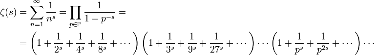\begin{align}\zeta(s) & = \sum_{n=1}^{\infty} \frac{1}{n^s} = \prod_{p\in\mathbb{P}} \frac{1}{1-p^{-s}} =\\{} & =\left(1 + \frac{1}{2^s} + \frac{1}{4^s} + \frac{1}{8^s} + \cdots \right) \left(1 + \frac{1}{3^s} + \frac{1}{9^s} + \frac{1}{27^s} + \cdots \right) \cdots \left(1 + \frac{1}{p^s} + \frac{1}{p^{2s}} + \cdots \right) \cdots\end{align}