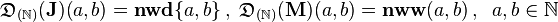  \mathfrak{D}_{(\mathbb{N})}(\mathbf{J})(a,b)=\mathbf{nwd}\{a,b\}\,,\; \mathfrak{D}_{(\mathbb{N})}(\mathbf{M})(a,b)=\mathbf{nww}({a,b})\,,\;\;a,b\in\mathbb{N}\,\;