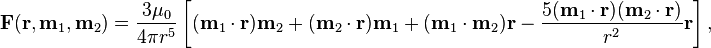 
\mathbf{F}(\mathbf{r}, \mathbf{m}_1, \mathbf{m}_2) = \dfrac{3 \mu_0}{4 \pi r^5}\left,

