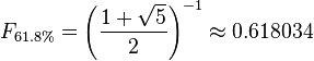 F_{61.8\%} = \left({\frac{1 + \sqrt{5}}{2}}\right)^{-1}  \approx 0.618034 \,