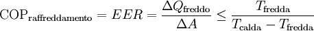 \mathrm{COP_{raffreddamento}} = EER = \frac{\Delta Q_{\mathrm{freddo}}}{\Delta A} \leq \frac{T_{\mathrm{fredda}}}{T_{\mathrm{calda}}-T_{\mathrm{fredda}}}