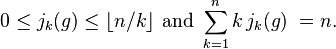 0 \le j_k(g) \le \lfloor n/k \rfloor \mbox{ and }
\sum_{k=1}^n k \, j_k(g) \; = n.