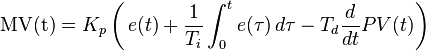 \mathrm{MV(t)}=K_p\left(\,{e(t)} + \frac{1}{T_i}\int_{0}^{t}{e(\tau)}\,{d\tau} - T_d\frac{d}{dt}PV(t)\right)