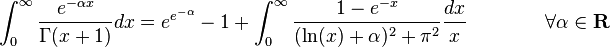 \int_0^ {
\infty}
\frac {
e^ {
\alpha x}
}
{\Gamma (ks+1)}
dks = e^ {
e^ {
\alpha}
}
-1+\int_0^ {
\infty}
\frac {
1-e^ {
- x}
}
{(\ln (x) +\alpha) ^2+\pi^2}
\frac {
dks}
{x}
\quad \quad \foral \alpha \in \matbf {
R}