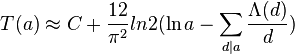 T(a) approx C + frac{12}{pi^2} ln 2 ( ln a - sum_{d|a} frac{Lambda(d)}{d} )