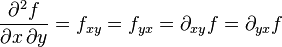 frac{ partial^2 f}{partial x,partial y} = f_{xy} = f_{yx} = partial_{xy} f = partial_{yx} f