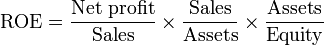 \ Teks  (ROE) = \ frac (text \ (laba bersih)) (text \ (Sales)) \ times \ frac (\  text (Sales)) (\ text (Aktiva)) \ times \ frac (\ text (Aktiva )) (\  text ()) Ekuitas