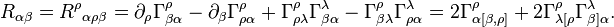 R_ {
\alpha\beta}
= {
R^\rho}
_ {
\alpha\rho\beta}
= \partial_ {
\rho}
{
\Gama^\rho_ {
\beta\alpha}
}
- \partial_ {
\beta}
\Gama^\rho_ {
\rho\alpha}
+ \Gama^\rho_ {
\rho\lambda}
\Gama^\lambda_ {
\beta\alpha}
- \Gama^\rho_ {
\beta\lambda}
\Gama^\lambda_ {
\rho\alpha}
= 2 \Gama^ {
\rho}
_ {
{
\alpha [\beta, \rho]}
}
+ 2 \Gama^\rho_ {
\lambda [\rho}
\Gama^\lambda_ {
\beta] \alpha}
.