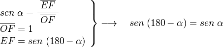    \left .
      \begin{array}{l}
         sen \; \alpha =\cfrac{\; \overline{EF} \;}{\overline{OF}} \\
         \overline{OF} =1 \\
         \overline{EF} = sen \; (180-\alpha)
      \end{array}
   \right \}
   \longrightarrow  \quad
   sen \; (180-\alpha) = sen \; \alpha