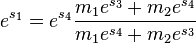  e^{s_1}=e^{s_4}{\frac{m_1 e^{s_3}+m_2 e^{s_4}} {m_1 e^{s_4}+m_2 e^{s_3}}} 