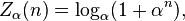 Z_\alpha (n) = \log_\alpha (1 + \alfa^n),