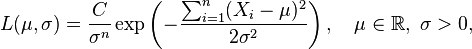 
L(\mu,\sigma) = \frac C{\sigma^n} \exp\left(-{\sum_{i=1}^n (X_i-\mu)^2 \over 2\sigma^2}\right),
\quad\mu\in\mathbb{R},\ \sigma>0,

