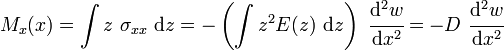  M_x(x) = \int z~\sigma_{xx}~\mathrm{d}z = -\left(\int z^2 E(z)~\mathrm{d}z\right)~\cfrac{\mathrm{d}^2 w}{\mathrm{d} x^2} = -D~\cfrac{\mathrm{d}^2 w}{\mathrm{d} x^2}
