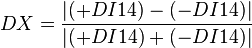 DX = \frac{| (+DI14) - (-DI14) |}{| (+DI14) + (-DI14) |}