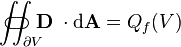 \iint_{\partial V}\!\!\!\!\!\!\!\!\!\!\!\!\!\!\!\!\!\!\!\;\;\;\subset\!\supset \mathbf D\;\cdot\mathrm{d}\mathbf A = Q_{f}(V)