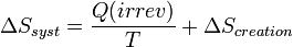 Delta S_{syst} = frac{Q(irrev)}{T} + Delta S_{creation}~