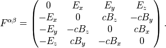 F^{\alpha \beta} = \left(
\begin{matrix}
0 & {E_x} & {E_y} & {E_z} \\
-{E_x} & 0 & cB_z & -cB_y \\
-{E_y} & -cB_z & 0 & cB_x \\
-{E_z} & cB_y & -cB_x & 0
\end{matrix}
\right) .