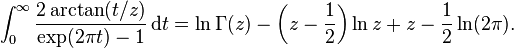 \int_0^\infty \frac{2\arctan (t/z)}{\exp(2 \pi t)-1}\,{\rm d}t
= \ln\Gamma (z) - \left( z-\frac12 \right) \ln z +z - \frac12\ln(2\pi). 