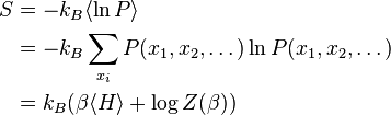 \begin{align} S
& = -k_B \langle\ln P\rangle \\
& = -k_B\sum_{x_i} P(x_1,x_2,\dots) \ln P(x_1,x_2,\dots) \\
& = k_B(\beta \langle H\rangle + \log Z(\beta))
\end{align}
