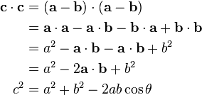 
\begin{align}
\mathbf{c}\cdot\mathbf{c}  & = (\mathbf{a}-\mathbf{b})\cdot(\mathbf{a}-\mathbf{b}) \\
 & =\mathbf{a}\cdot\mathbf{a} - \mathbf{a}\cdot\mathbf{b} - \mathbf{b}\cdot\mathbf{a} + \mathbf{b}\cdot\mathbf{b}\\
 & = a^2 - \mathbf{a}\cdot\mathbf{b} - \mathbf{a}\cdot\mathbf{b} + b^2\\
 & = a^2 - 2\mathbf{a}\cdot\mathbf{b} + b^2\\
 c^2 & = a^2 + b^2 - 2ab\cos \theta\\
\end{align}
