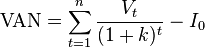  \mbox{VAN} = \sum_{t=1}^n{\frac{V_t}{(1+k)^t}}- I_0 