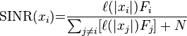 \mathrm{SINR}(x_i) {{=}} \frac{\ell(|x_i|)F_i}{\sum_{j\neq i} [\ell(|x_j|)F_j] +N} 