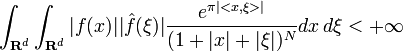 \int_{\mathbf{R}^d}\int_{\mathbf{R}^d}|f(x)||\hat{f}(\xi)|\frac{e^{\pi|<x,\xi>|}}{(1+|x|+|\xi|)^N}dx\,d\xi<+\infty
