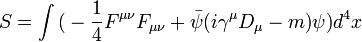 {S}=\int{\big(-\frac{1}{4}F^{{\mu}{\nu}}F_{{\mu}{\nu}}+\bar{\psi}{(i\gamma^{\mu}D_{\mu}-m)}{\psi}\big){d^{4}x}}