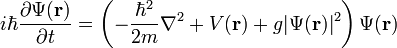 ihbarfrac{partialPsi(mathbf{r})}{partial t} = left(-frac{hbar^2}{2m}nabla^2 + V(mathbf{r}) + gvertPsi(mathbf{r})vert^2right)Psi(mathbf{r}) 