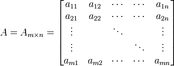 A=A_{m \times n}=\begin{bmatrix} a_{11} & a_{12} & \cdots & \cdots & a_{1n}\\ a_{21} & a_{22} & \cdots & \cdots & a_{2n}\\ \vdots &        & \ddots &        & \vdots\\ \vdots &        &        & \ddots & \vdots\\ a_{m1} & a_{m2} & \cdots & \cdots & a_{mn}\\ \end{bmatrix}