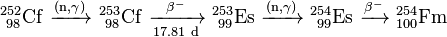 mathrm{^{252}_{ 98}Cf xrightarrow {(n,gamma)}  ^{253}_{ 98}Cf xrightarrow [17.81  d]{beta^-}  ^{253}_{ 99}Es xrightarrow {(n,gamma)}  ^{254}_{ 99}Es xrightarrow []{beta^-}  ^{254}_{100}Fm}