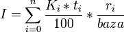 I = \sum\limits_{i=0}^n \frac{K_{i}*t_{i}}{100} * \frac{r_{i}}{baza}