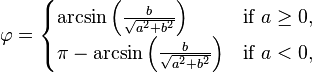 
\varphi = \begin{cases}\arcsin \left(\frac{b}{\sqrt{a^2+b^2}}\right)
& \text{if }a \ge 0, \\
\pi-\arcsin \left(\frac{b}{\sqrt{a^2+b^2}}\right) & \text{if }a < 0,
\end{cases}
