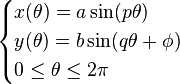 \begin{cases}
x( \theta )=a\sin(p\theta)\\
y( \theta )=b\sin(q \theta + \phi) \\
0\le \theta \le 2\pi
\end{cases}