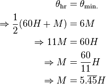 is an integer in the range 0–11. This gives times of: 0:00, 1:05.45, 2:10.90, 3:16.36, etc. (0.45 minutes are exactly 27.27 seconds.)