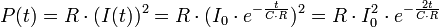  P(t) = R \cdot (I(t))^2 = R \cdot (I_0 \cdot e^{-\frac {t}{C \cdot R}})^2 = R \cdot I_0^2 \cdot e^{-\frac {2t}{C \cdot R}} 