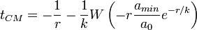 t_{CM} = -\frac{1}{r} -\frac{1}{k}W\left(-r\frac{a_{min}}{a_0}e^{-r/k}\right)