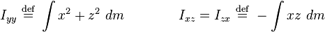 I_{yy}\ \stackrel{\mathrm{def}}{=}\ \int x^2+z^2\ dm\qquad\qquad I_{xz}=I_{zx}\ \stackrel{\mathrm{def}}{=}\ - \int xz\ dm\,