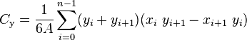 C_{\mathrm y} = \frac{1}{6A}\sum_{i=0}^{n-1}(y_i+y_{i+1})(x_i\ y_{i+1} - x_{i+1}\ y_i)