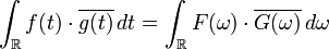 \int_{\mathbb{R}} f(t)\cdot \overline{g(t)}\, dt = \int_{\mathbb{R}} F(\omega)\cdot \overline{G(\omega)}\, d\omega \,