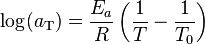 \log (a_ {
\rm T}
) = \frac {
E_a}
{R}
\left (\frac {
1}
{T}
- \frac {
1}
{T_0}
\right)