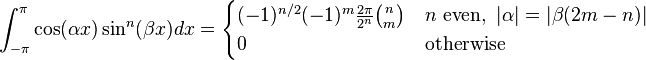 \int_{-\pi}^{\pi} \cos(\alpha x) \sin^n(\beta x) dx = \begin{cases}
(-1)^{n/2} (-1)^m \frac{2 \pi}{2^n} \binom{n}{m} & n \text{ even},\ |\alpha| = |\beta (2m-n)| \\
0 & \text{otherwise}
\end{cases} 