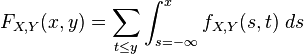 
\begin{align}
F_{X,Y}(x,y)&=\sum\limits_{t\le y}\int_{s=-\infty}^x f_{X,Y}(s,t)\;ds
\end{align}
