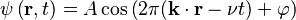 \psi \left({\mathbf r}, t \right) = A \cos \left(2\pi({\mathbf k} \cdot {\mathbf r} - \nu t) + \varphi \right)