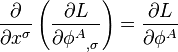 
\frac{\partial}{\partial x^{\sigma}} \left( \frac{\partial L}{\partial {\phi^A}_{,\sigma}} \right) =
\frac{\partial L}{\partial \phi^A}
