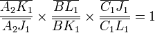 frac{overline{A_2K_1}}{overline{A_2J_1}}times frac{overline{BL_1}}{overline{BK_1}} times frac{overline{C_1J_1}}{overline{C_1L_1}} = 1